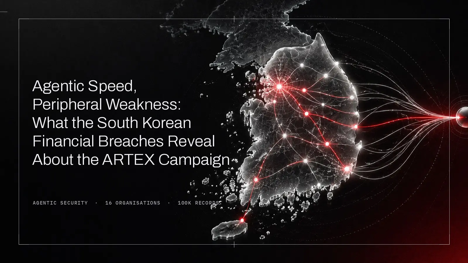 Map of the Korean peninsula with a red network of nodes radiating from a bright central point, titled Agentic Speed, Peripheral Weakness.