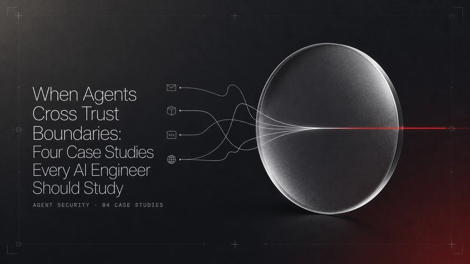 Four sources of untrusted input converging through a trust boundary into a single red output.